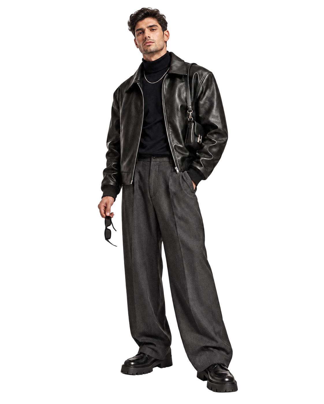Homme en blouson de cuir noir, pantalon ample anthracite et derbies